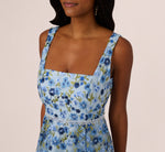 Sleeveless Square Neck Floral Embroidered Midi Dress In Blue Multi 3