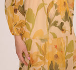 Long Sleeve Floral Organza Midi Dress In Ecru Yellow Multi 3