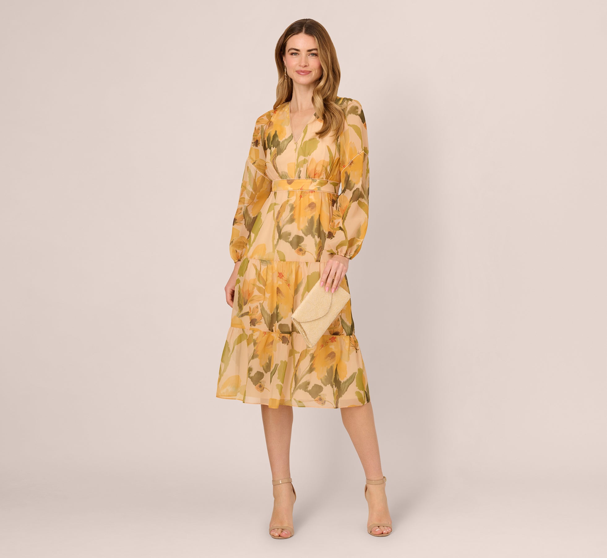 Long Sleeve Floral Organza Midi Dress In Ecru Yellow Multi 1