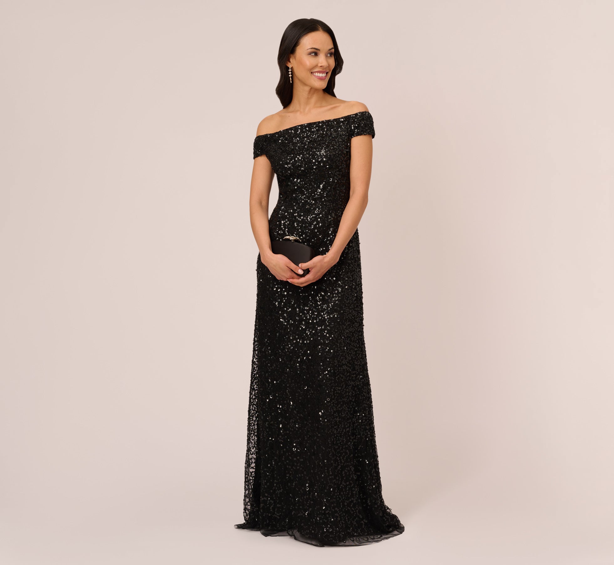 Off The Shoulder Sequin Beaded Gown In Black 1