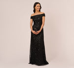 Off The Shoulder Sequin Beaded Gown In Black 1