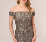 Off The Shoulder Sequin Beaded Gown In Lead 3