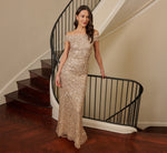 Off The Shoulder Sequin Beaded Gown In Champagne 1