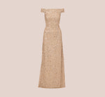 Off The Shoulder Sequin Beaded Gown In Champagne 8