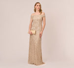 Off The Shoulder Sequin Beaded Gown In Champagne 2