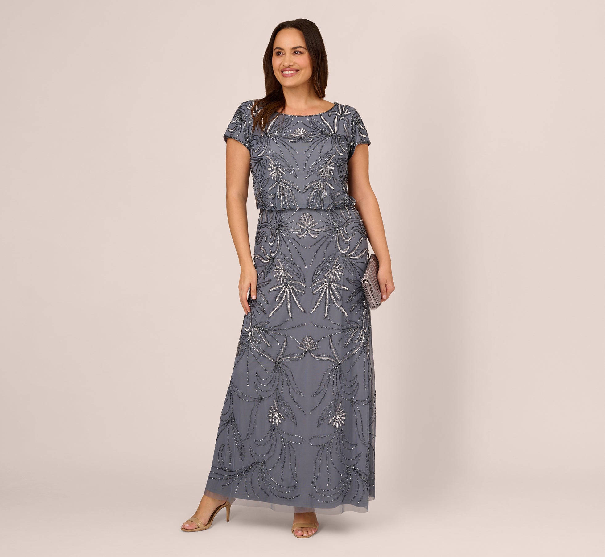 Plus Size Long Beaded Blouson Dress In Dusty Blue 1