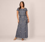 Plus Size Long Beaded Blouson Dress In Dusty Blue 1
