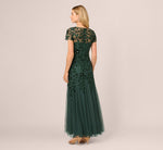 Hand Beaded Short Sleeve Floral Godet Gown In Dusty Emerald 6