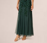 Hand Beaded Short Sleeve Floral Godet Gown In Dusty Emerald 5