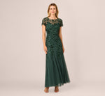 Hand Beaded Short Sleeve Floral Godet Gown In Dusty Emerald 2