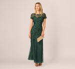 Hand Beaded Short Sleeve Floral Godet Gown In Dusty Emerald 3