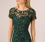 Hand Beaded Short Sleeve Floral Godet Gown In Dusty Emerald 4