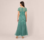 Hand Beaded Short Sleeve Floral Godet Gown In Green Slate 5