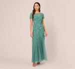Hand Beaded Short Sleeve Floral Godet Gown In Green Slate 2