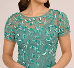Hand Beaded Short Sleeve Floral Godet Gown In Green Slate 3
