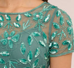 Hand Beaded Short Sleeve Floral Godet Gown In Green Slate 4
