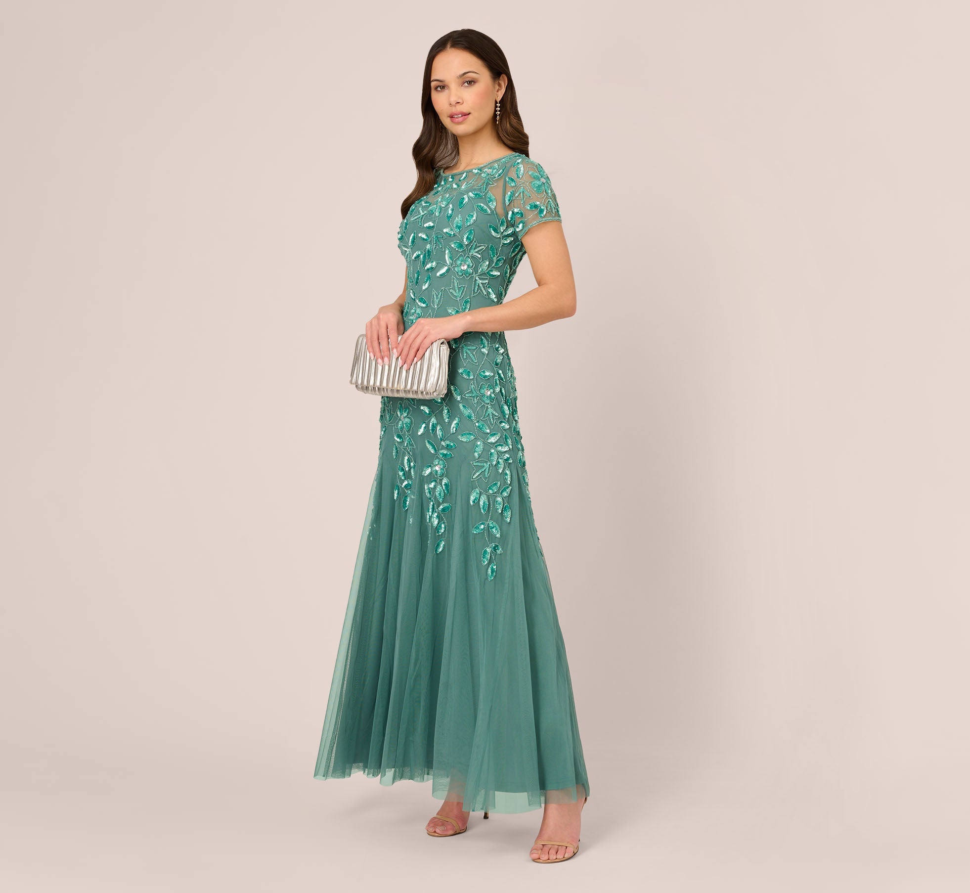 Hand Beaded Short Sleeve Floral Godet Gown In Green Slate 1