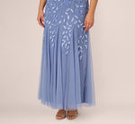 Plus Size Hand Beaded Short Sleeve Floral Godet Gown In French Blue 1