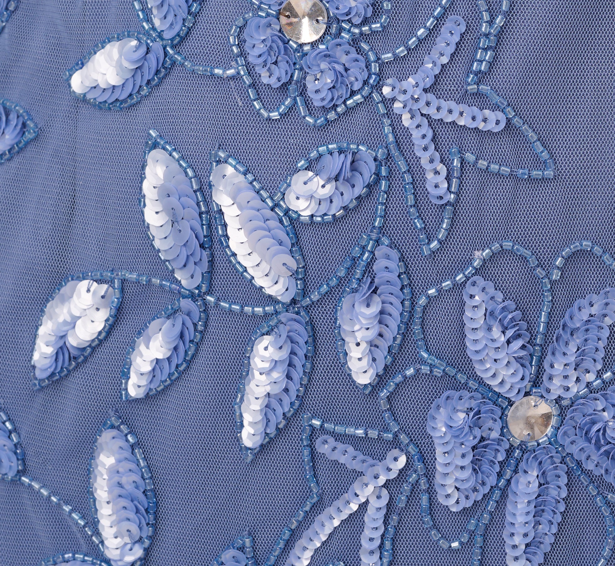 Hand Beaded Short Sleeve Floral Godet Gown In French Blue 1