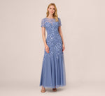 Hand Beaded Short Sleeve Floral Godet Gown In French Blue 3