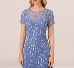 Hand Beaded Short Sleeve Floral Godet Gown In French Blue 4