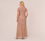 Plus Size Hand Beaded Short Sleeve Floral Godet Gown In Rose Gold 5