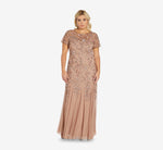 Plus Size Hand Beaded Short Sleeve Floral Godet Gown In Rose Gold 2