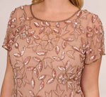 Plus Size Hand Beaded Short Sleeve Floral Godet Gown In Rose Gold 3