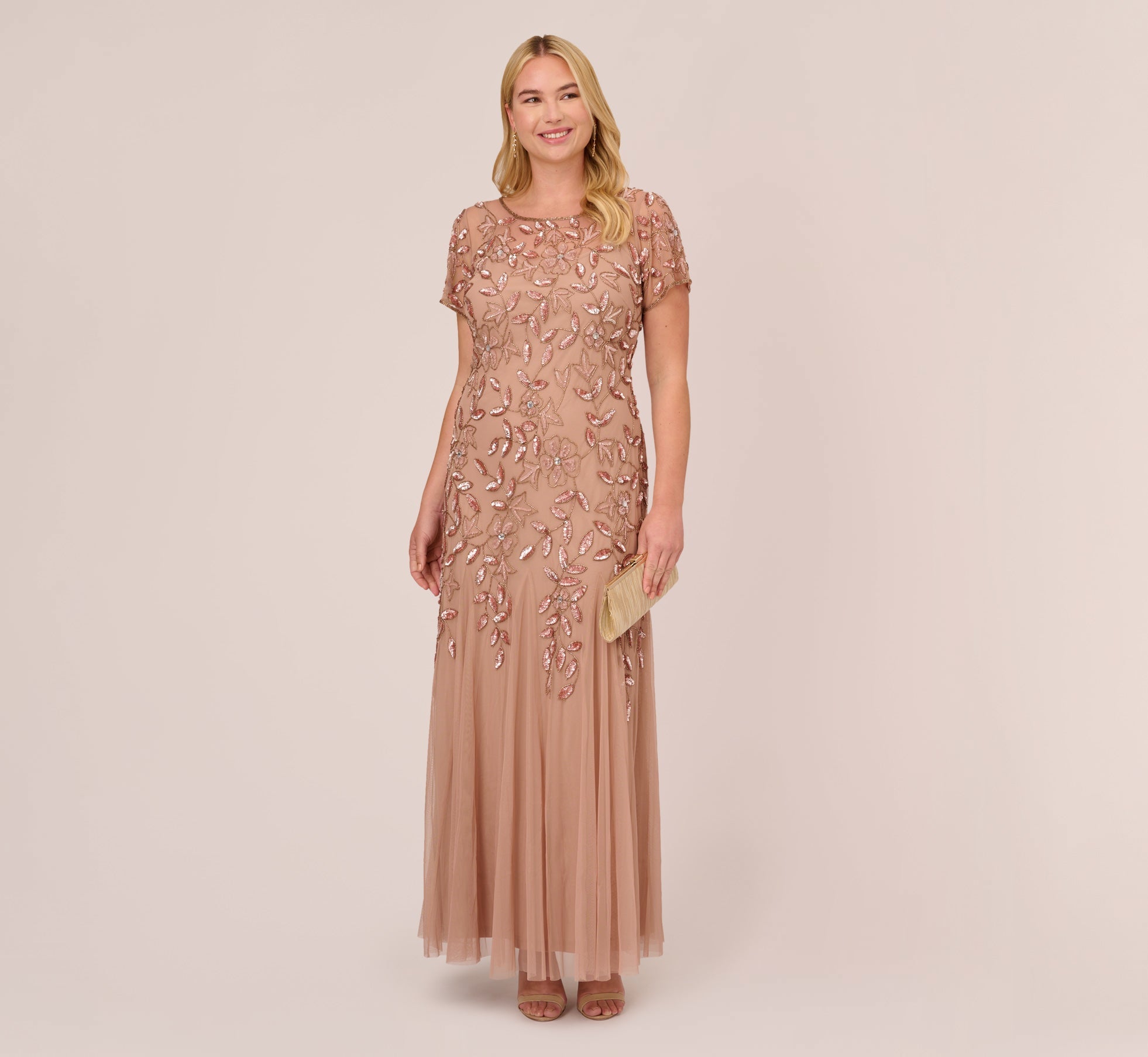 Plus Size Hand Beaded Short Sleeve Floral Godet Gown In Rose Gold 1