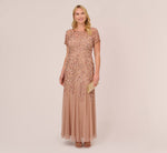 Plus Size Hand Beaded Short Sleeve Floral Godet Gown In Rose Gold 1