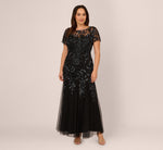 Plus Size Hand Beaded Short Sleeve Floral Godet Gown In Black Gunmetal 2
