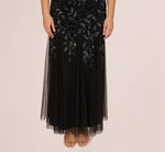 Plus Size Hand Beaded Short Sleeve Floral Godet Gown In Black Gunmetal 4