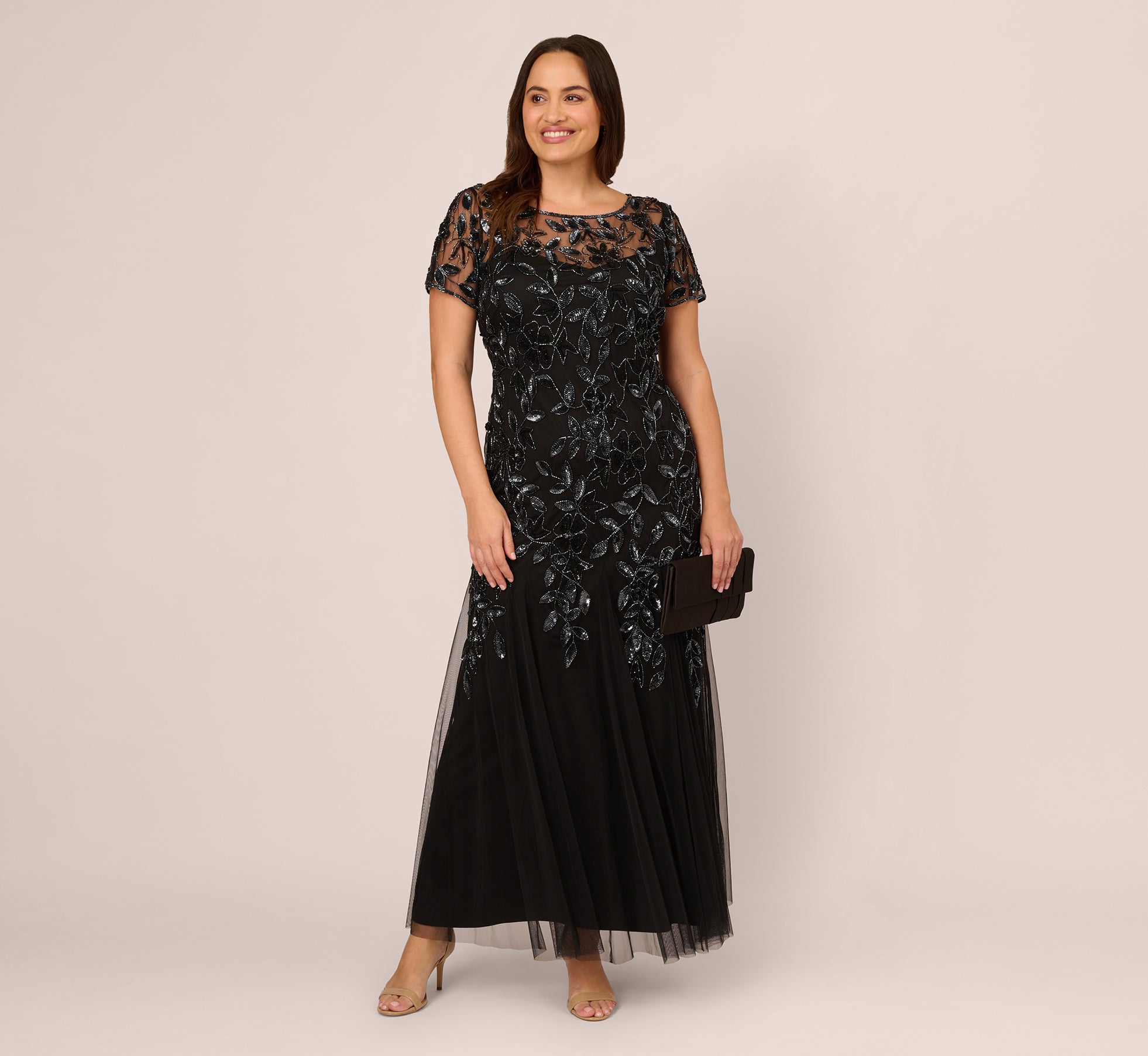 Plus Size Hand Beaded Short Sleeve Floral Godet Gown In Black Gunmetal 1