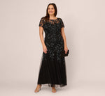 Plus Size Hand Beaded Short Sleeve Floral Godet Gown In Black Gunmetal 1