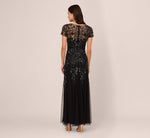 Hand Beaded Short Sleeve Floral Godet Gown In Black Gunmetal 5