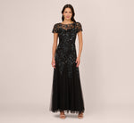 Hand Beaded Short Sleeve Floral Godet Gown In Black Gunmetal 2