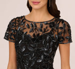 Hand Beaded Short Sleeve Floral Godet Gown In Black Gunmetal 3