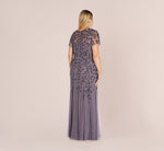 Plus Size Hand Beaded Short Sleeve Floral Godet Gown In Moonscape 3