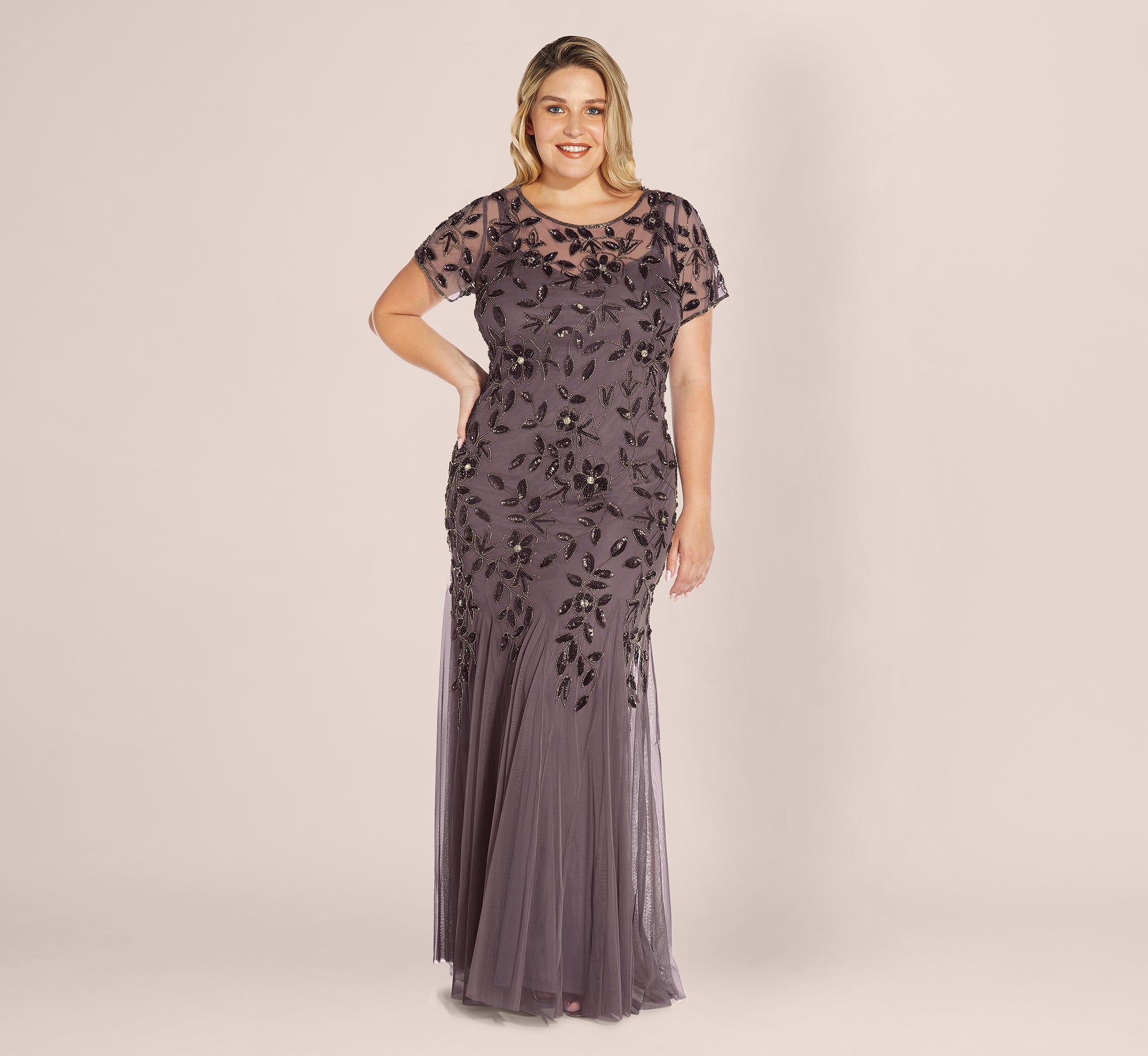 Plus Size Hand Beaded Short Sleeve Floral Godet Gown In Moonscape 1