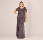 Plus Size Hand Beaded Short Sleeve Floral Godet Gown In Moonscape 1