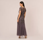 Hand Beaded Short Sleeve Floral Godet Gown In Moonscape 6