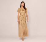 Hand Beaded Short Sleeve Floral Godet Gown In Champagne Gold 1