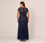 Plus Size Hand Beaded Short Sleeve Floral Godet Gown In Light Navy 6