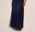 Plus Size Hand Beaded Short Sleeve Floral Godet Gown In Light Navy 5