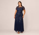 Plus Size Hand Beaded Short Sleeve Floral Godet Gown In Light Navy 2