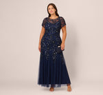 Plus Size Hand Beaded Short Sleeve Floral Godet Gown In Light Navy 3