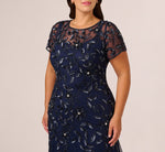 Plus Size Hand Beaded Short Sleeve Floral Godet Gown In Light Navy 4