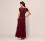 Hand Beaded Short Sleeve Floral Godet Gown In Mahogany 5