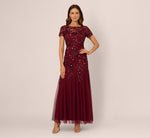 Hand Beaded Short Sleeve Floral Godet Gown In Mahogany 2