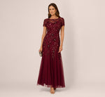 Hand Beaded Short Sleeve Floral Godet Gown In Mahogany 1